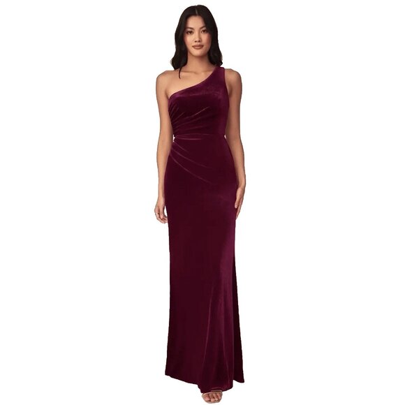 Azazie Red Velvet One Shoulder Maxi Dress Formal Women's A4 US 4 Christmas Opera - Picture 1 of 8